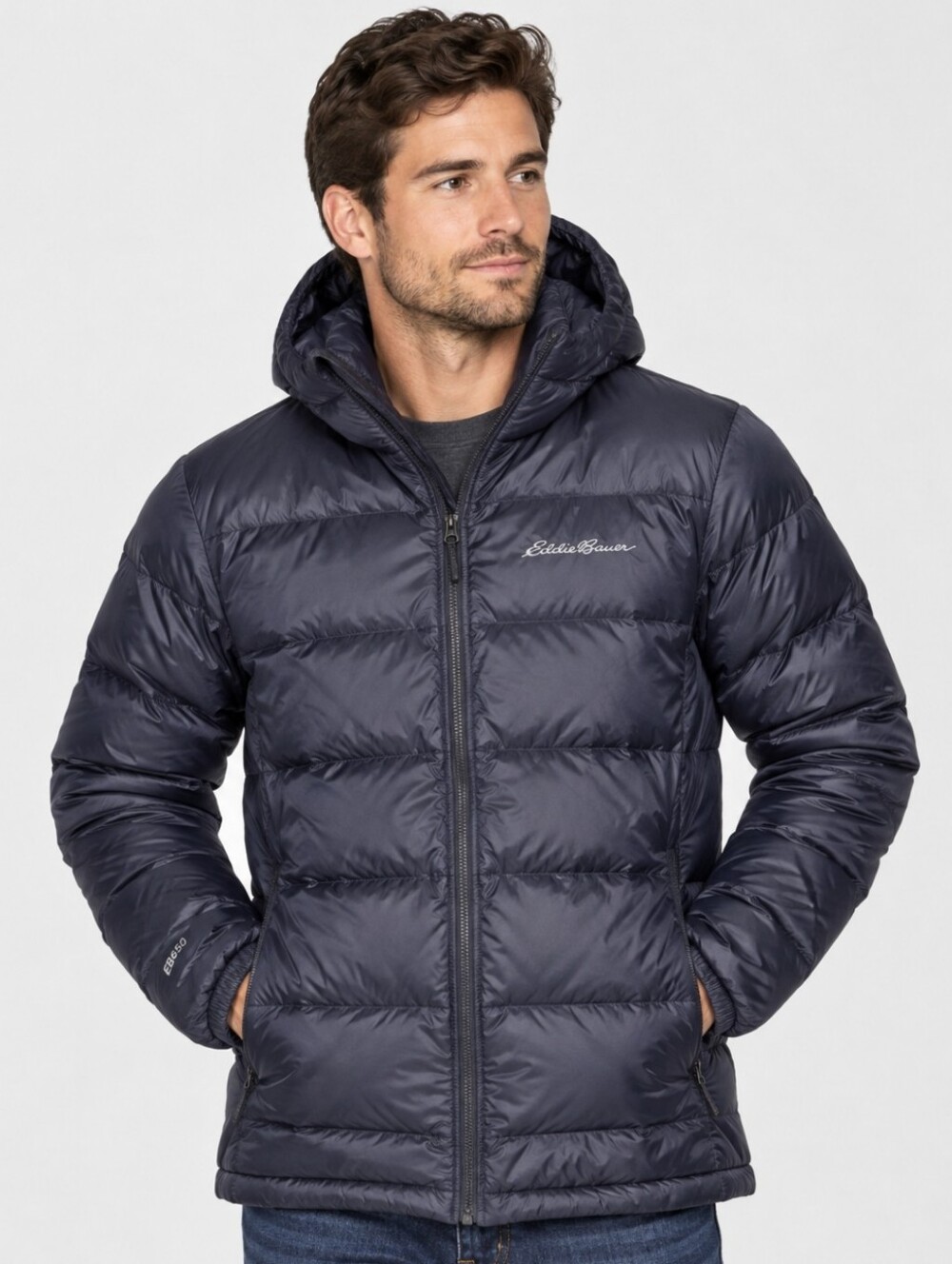 Eddie Bauer Men’s 650 Down Wide Channel Hooded Puffer Jacket Navy Blue Small